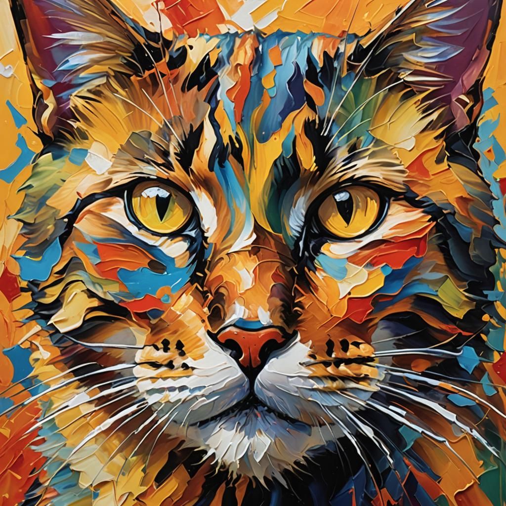 Expressionist Cat in Sunlight: Abstract Oil Painting