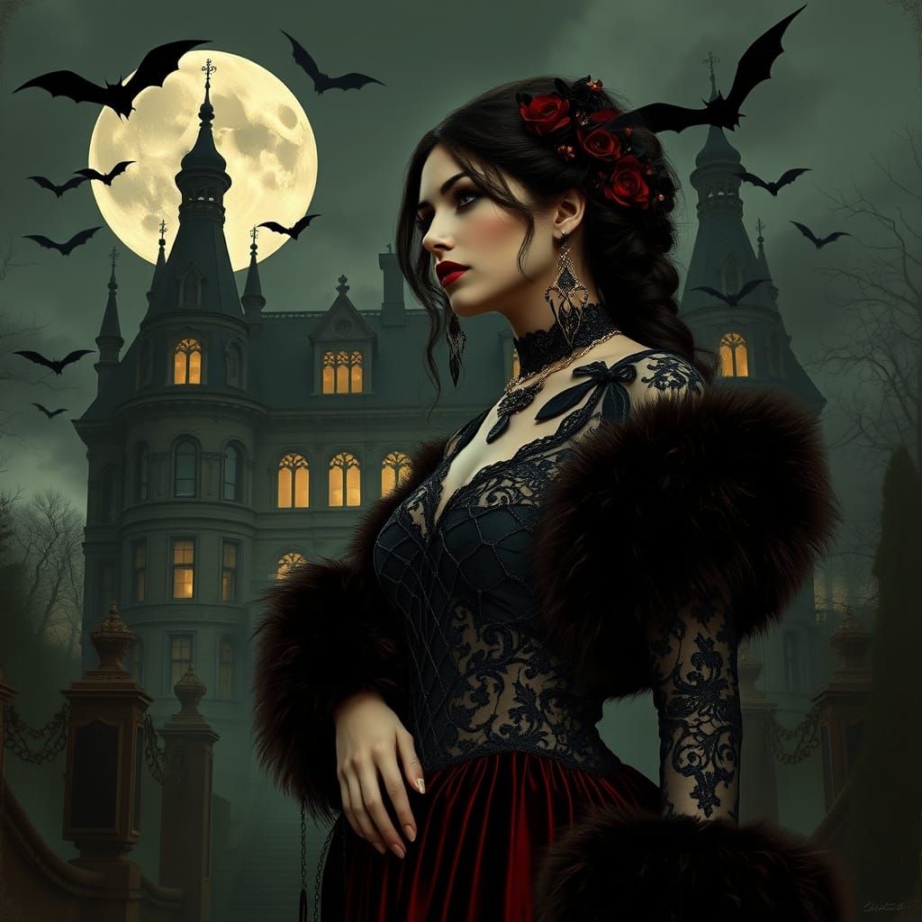 Goth Woman in Velvet Furs, Silhouetted Against a Full Moon
