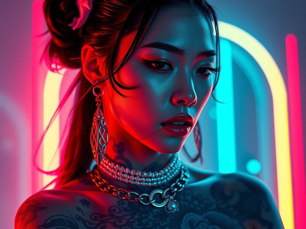 Monumental Asian Woman in Neon Luxury Fashion