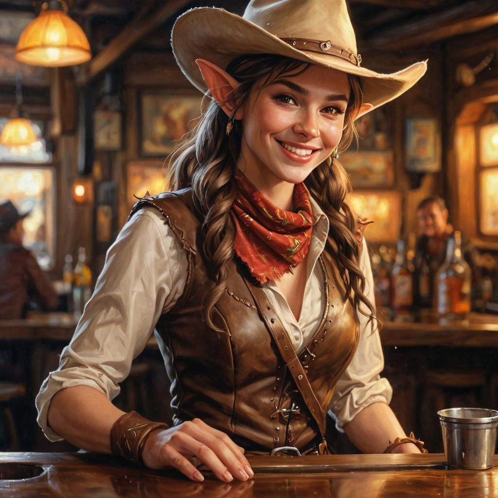Elf Cowgirl Oil Painting at Saloon Bar