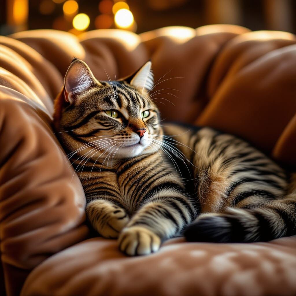 Regal Tabby Cat Lounging in Golden Light