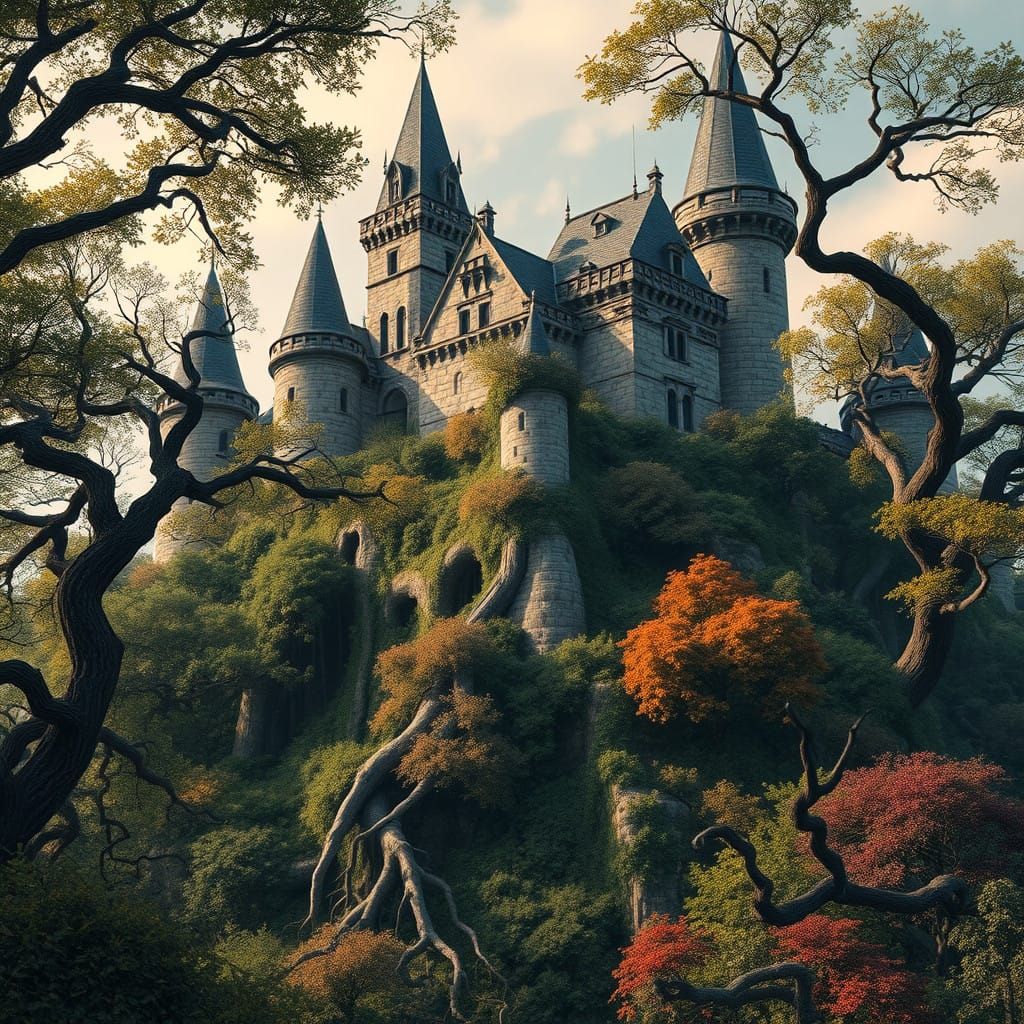 Medieval Castle Fortress Hidden in Ancient Forest