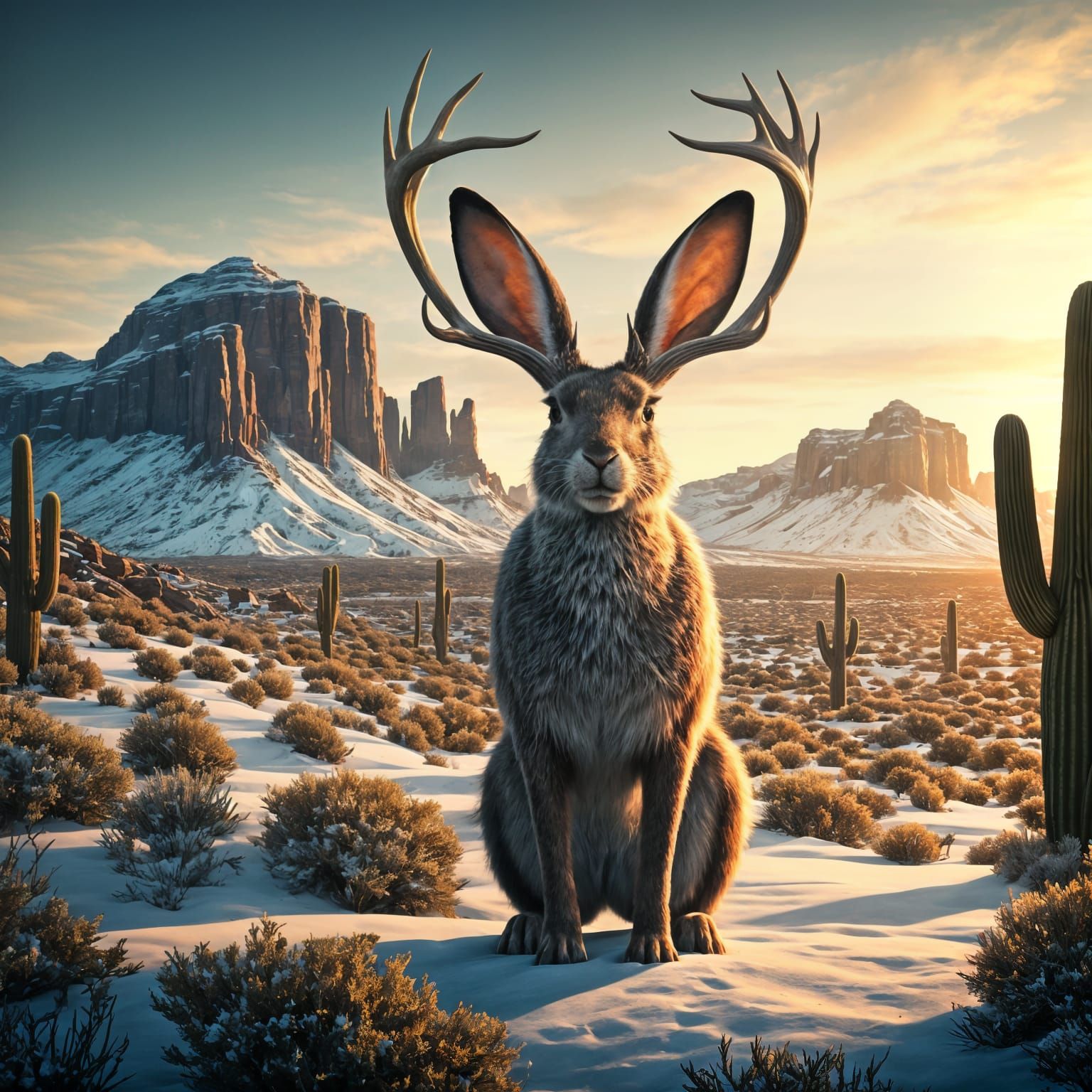 Jackalope in Snowy Desert Landscape