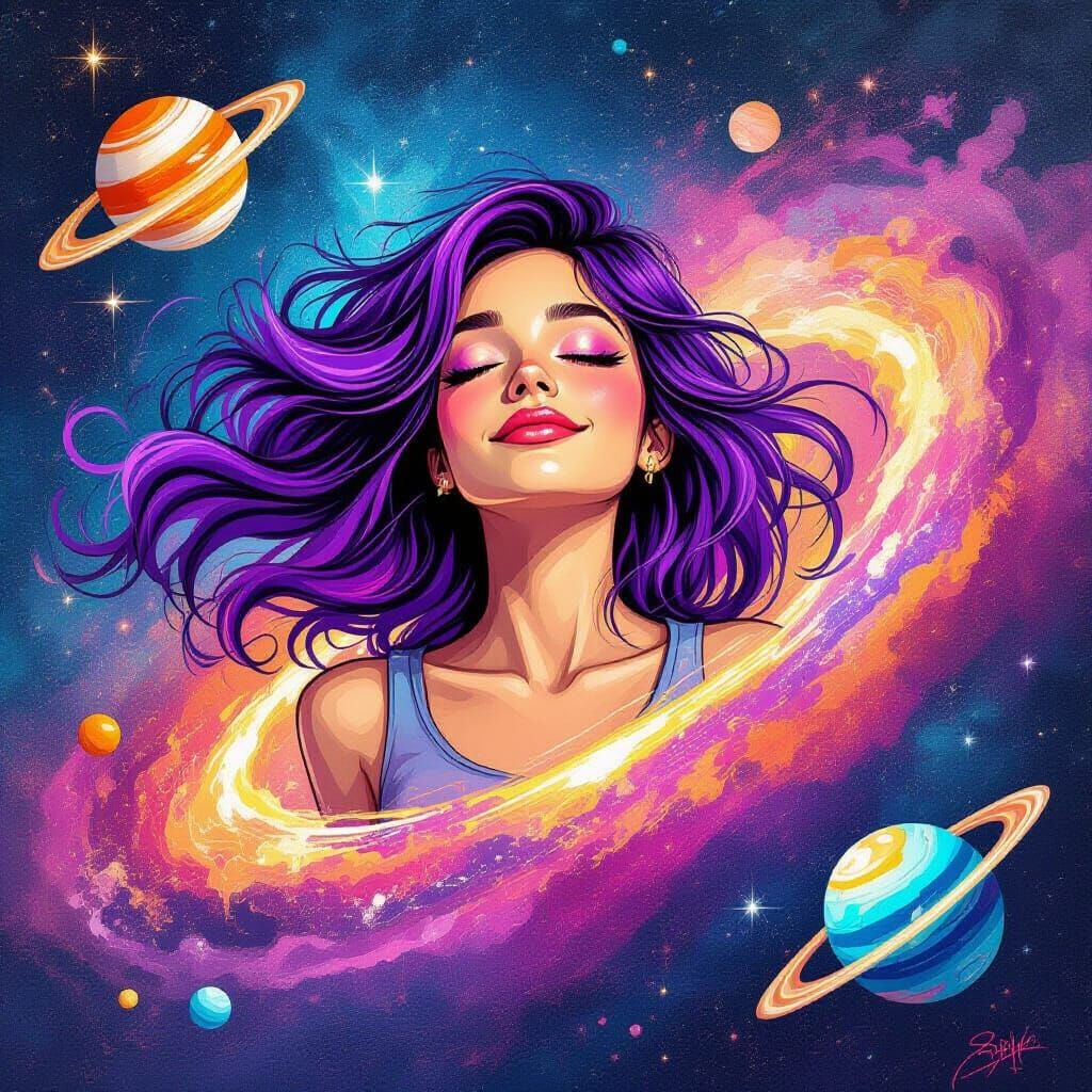 Girl Levitating Above Galaxy in Graffiti Art Style
