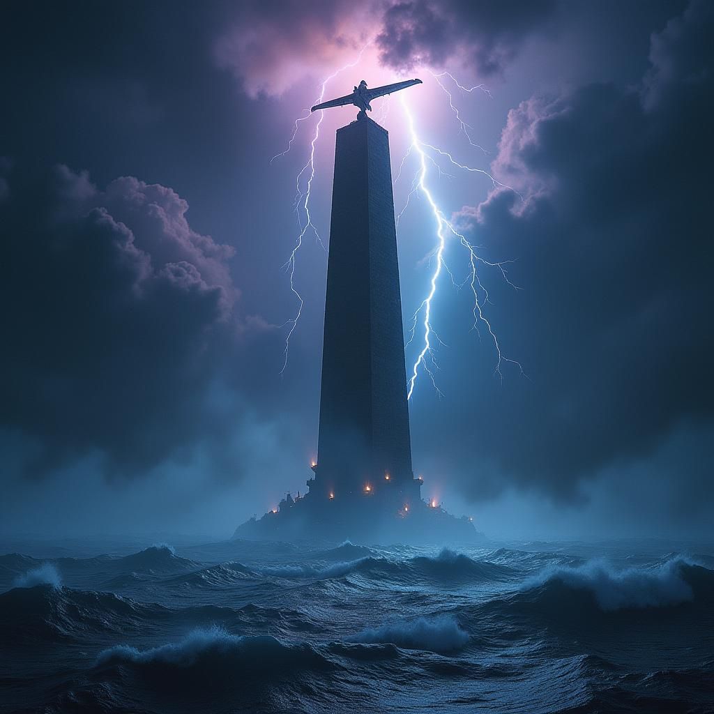Eerily Lit Obelisk in Stormy Ocean, Cinematic Still
