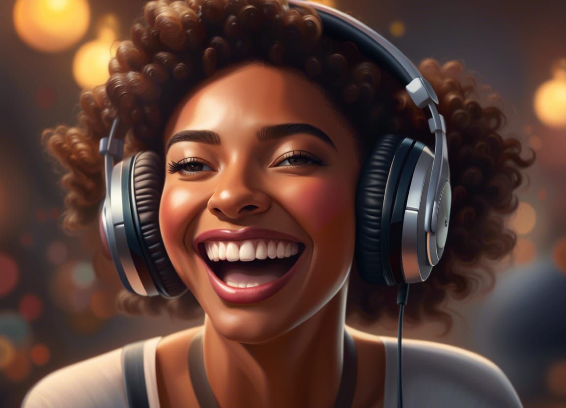 Joyful Woman Listening to Music, Oil Painting
