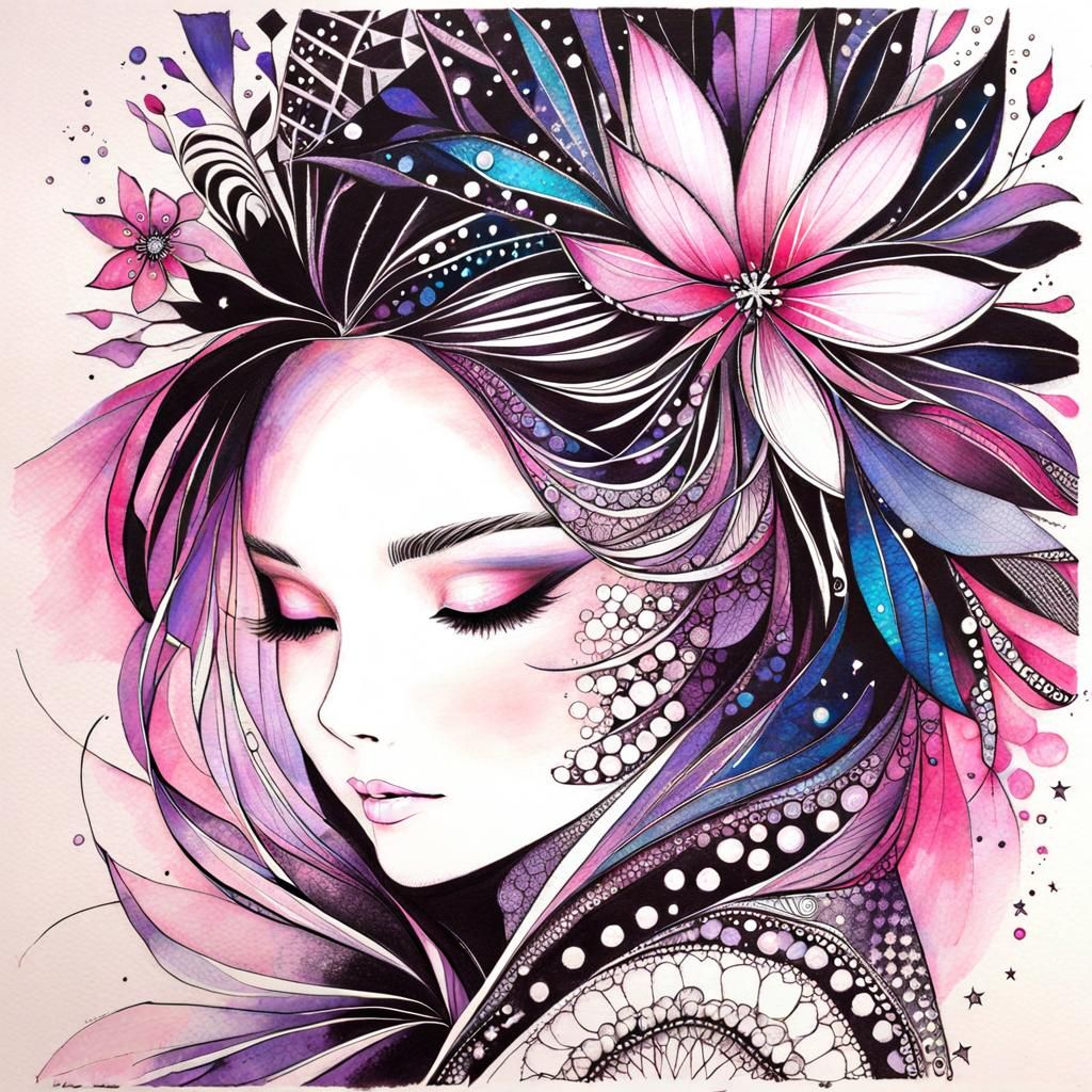 Zentangle Flower Cityscape with Starry Sky