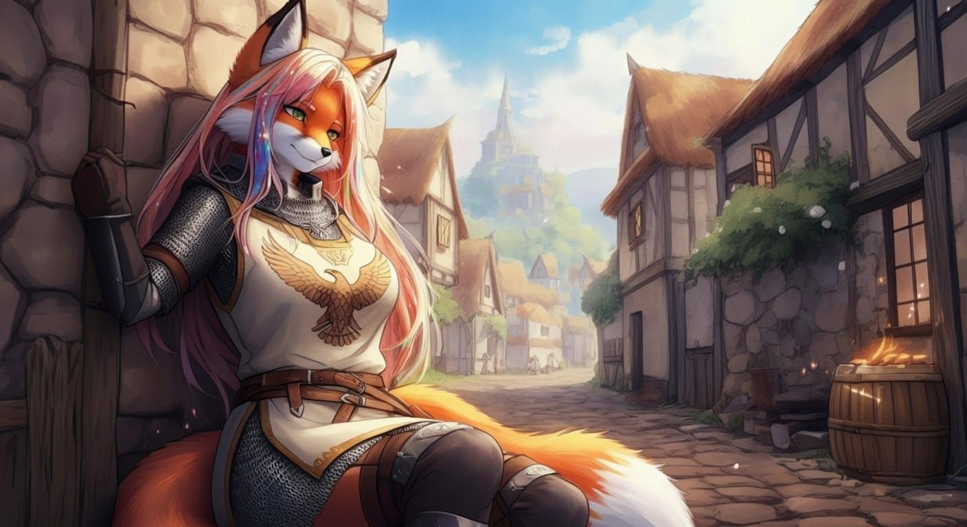 Anthropomorphic Fox in Medieval Village, Digital Art
