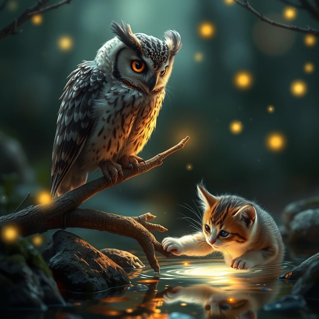 Magical Owl and Kitten Fantasy Scene