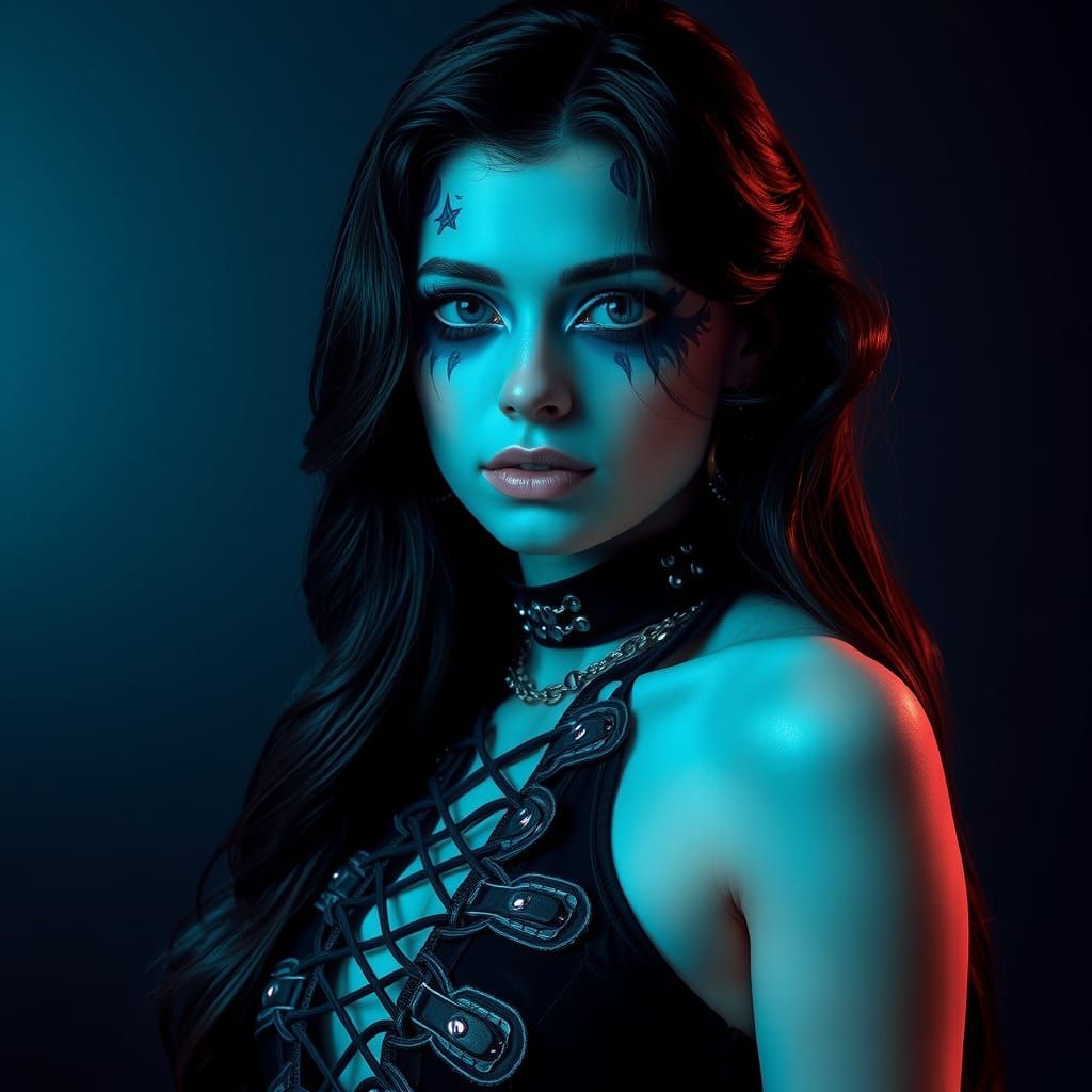 Cybergoth Woman with Digital Makeup and Techwear