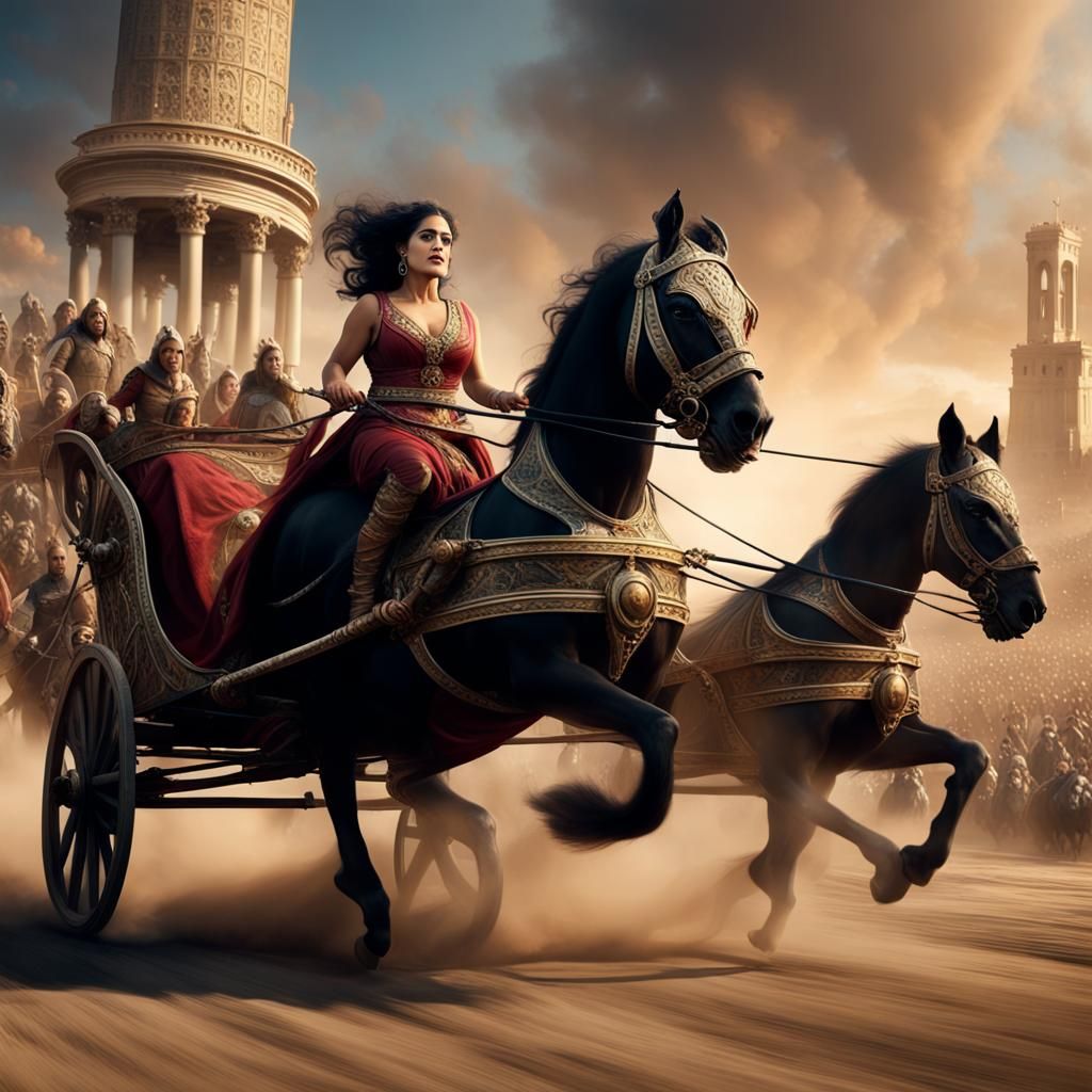 Salma Hayek in Chariot Race: Digital Art