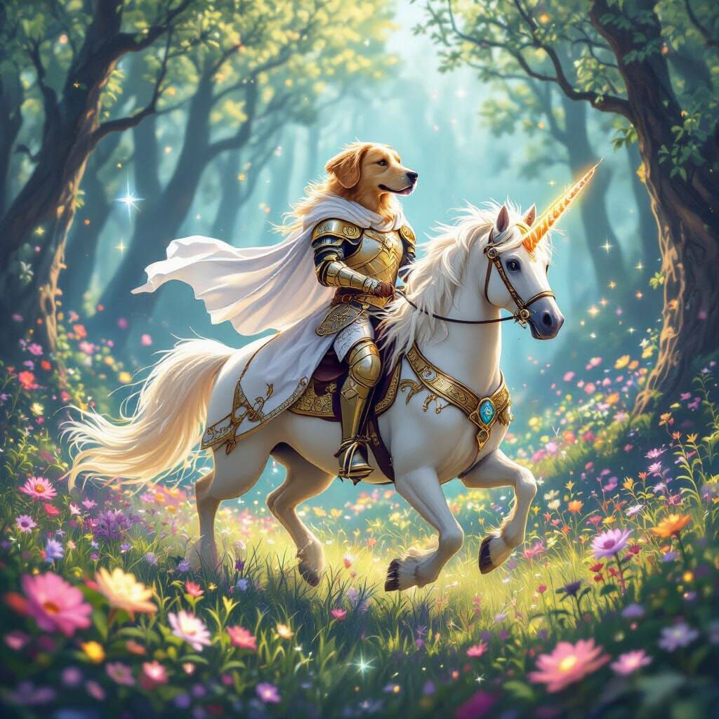 Golden Retriever on Unicorn in Enchanted Forest