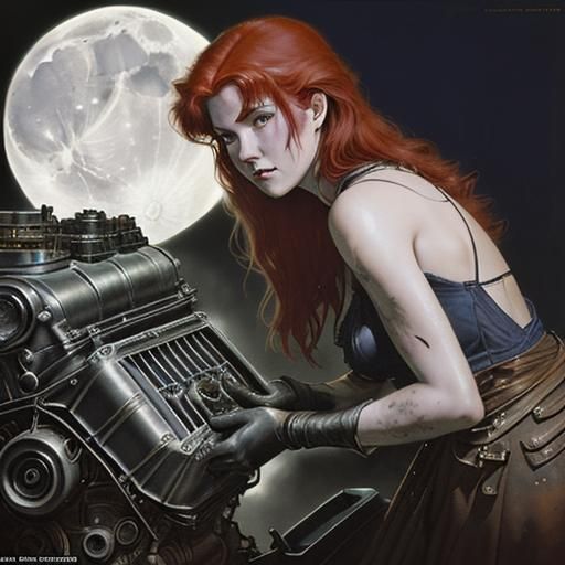 Moonlit Mechanic: Automotive Art in Chiaroscuro Style