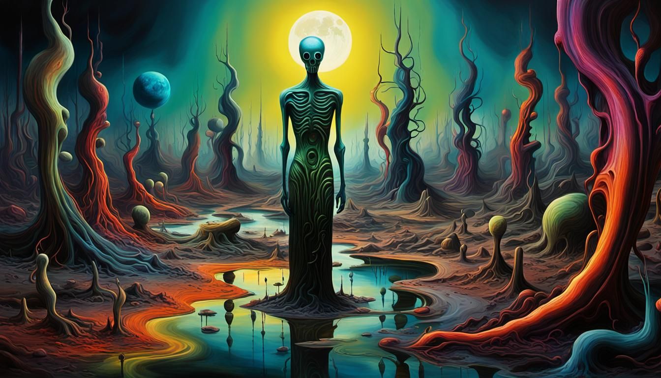 Surreal Distorted Figure in Decaying Landscape