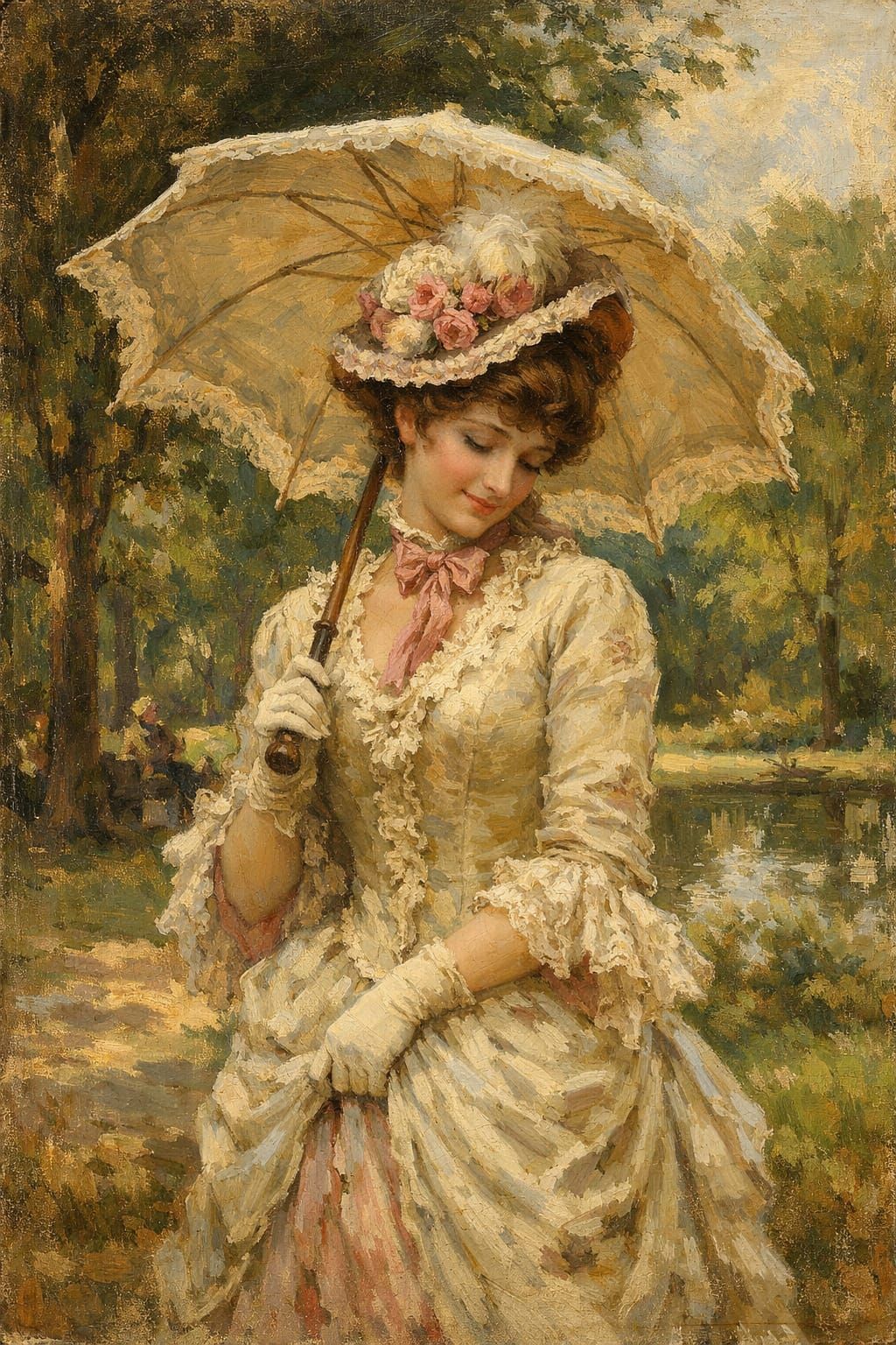 Victorian Woman with Umbrella in Park, Shy Smile, Oil Painti...