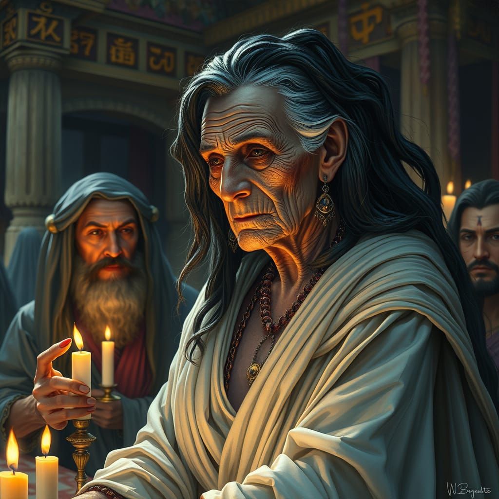 Ethereal Courtesan Priestess in Opulent Babylonian Temple