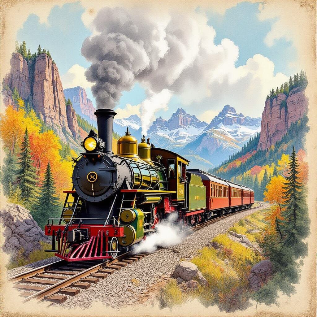Vintage Steam Train Through Autumn Canyon, Fine Art Style