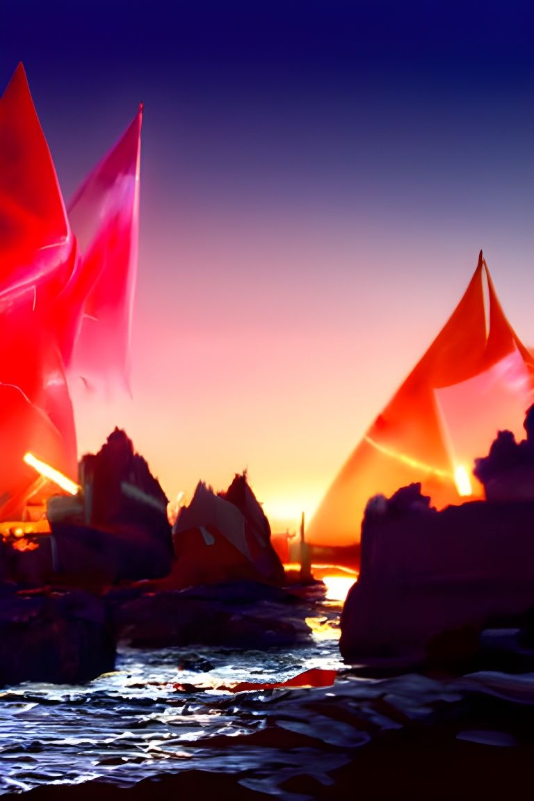 Fiery Ruby Ocean Seascape with Glowing Sailboats
