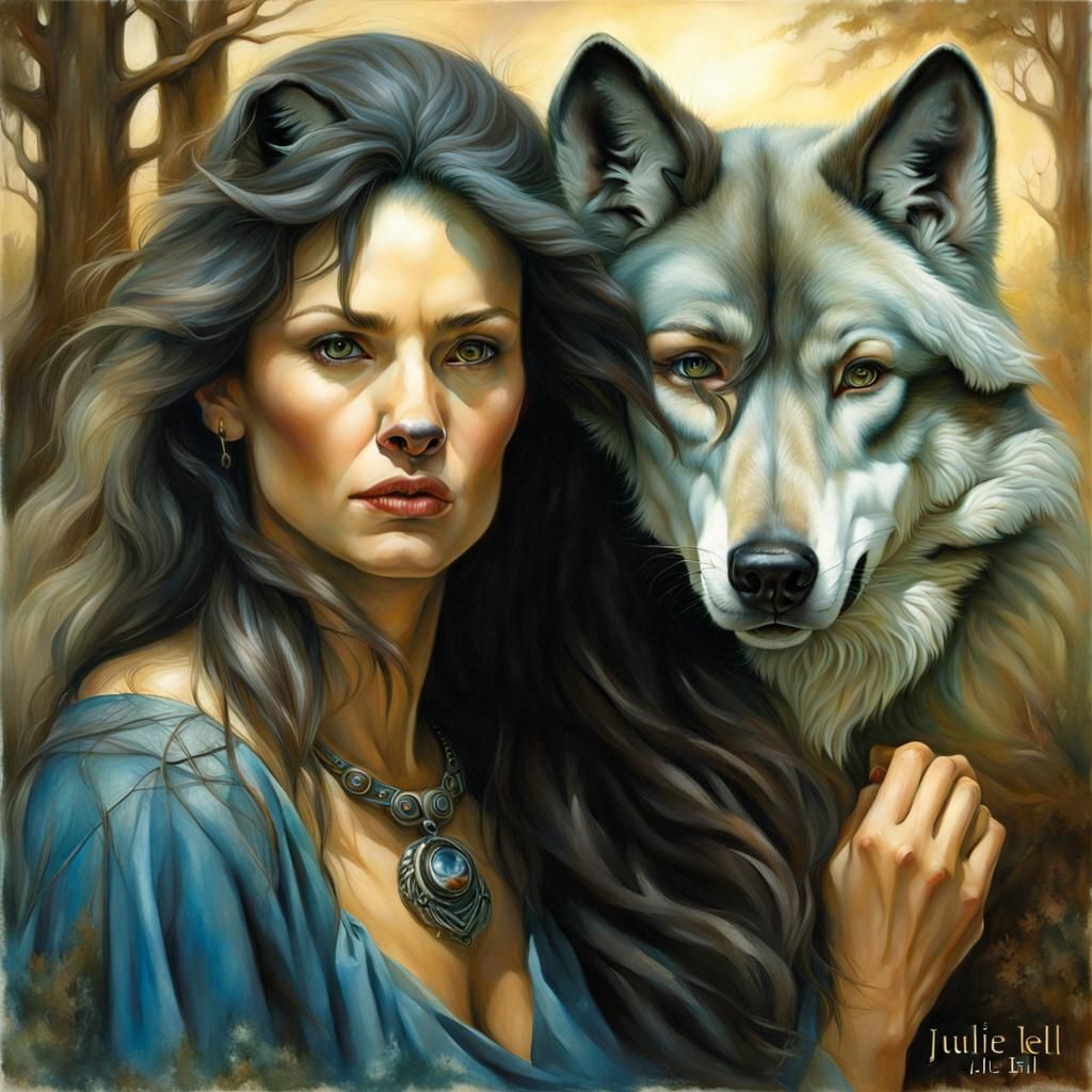 Woman and Wolf in Fantasy Art Style