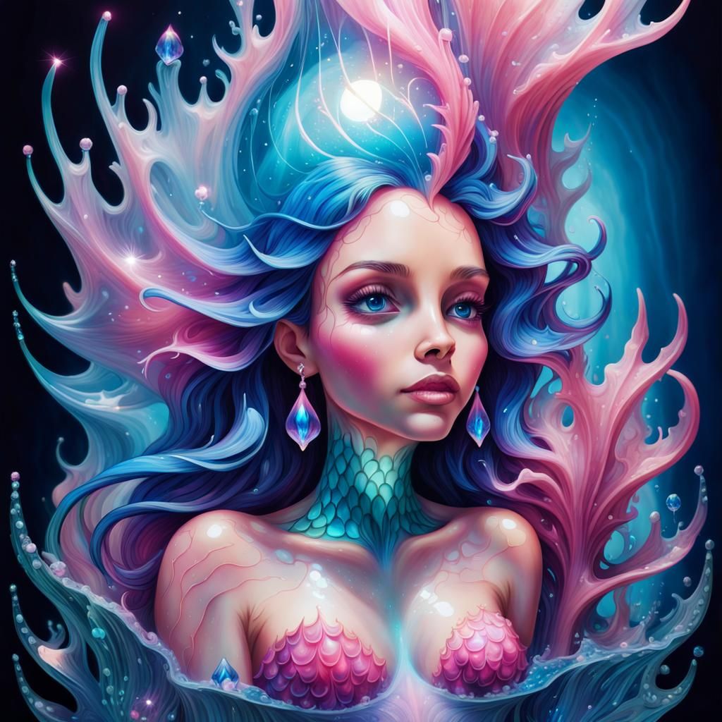 Mermaid in Luminous Crystal: Surreal Airbrush Art