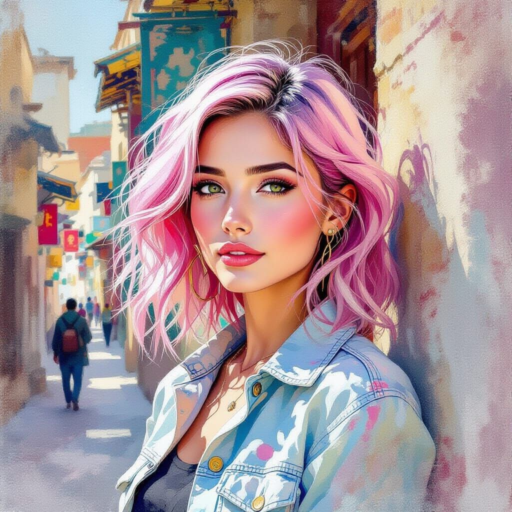 Pink Haired Explorer on the Silk Road in Watercolor Style