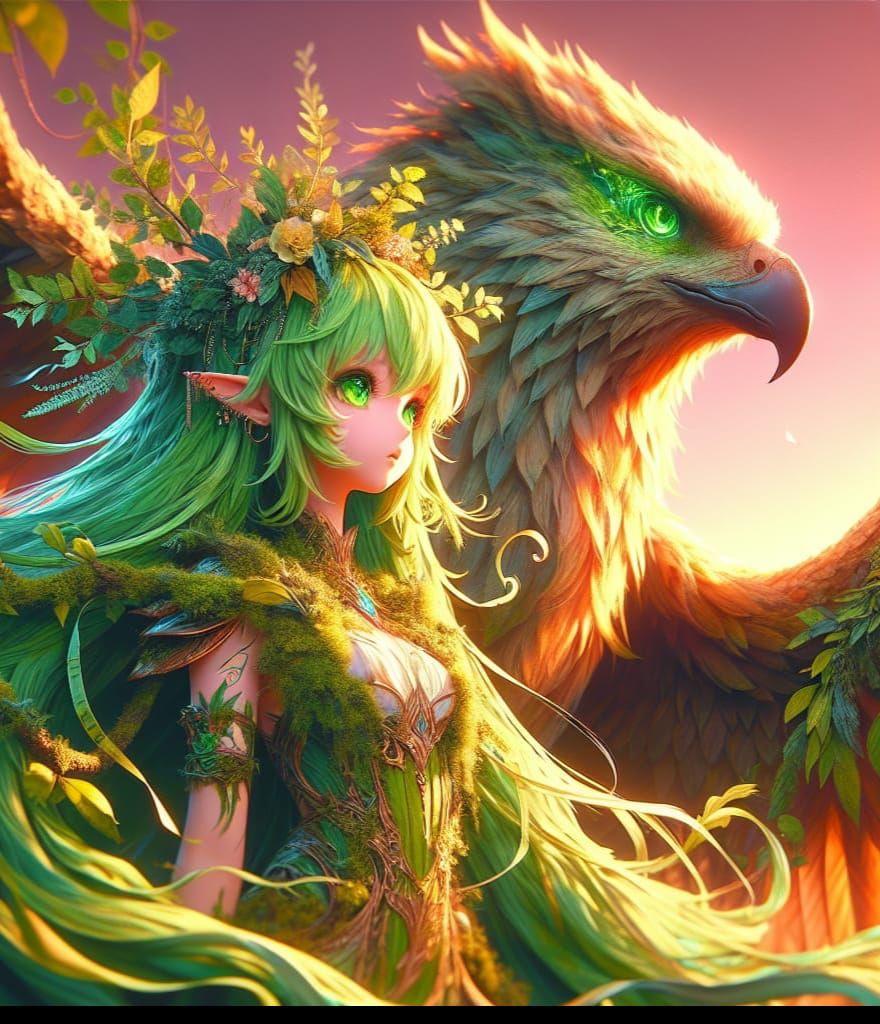 Anime Dryad and Griffin at Sunset