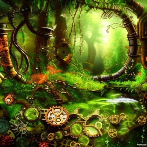 Steampunk Enchanted Forest with Glittering Stream