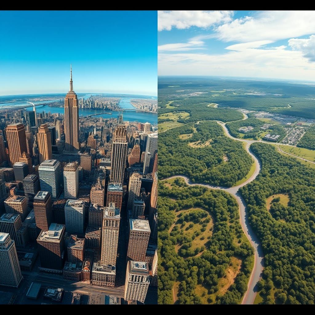 NYC Juxtaposed with Untouched Wilderness: Split-Screen View