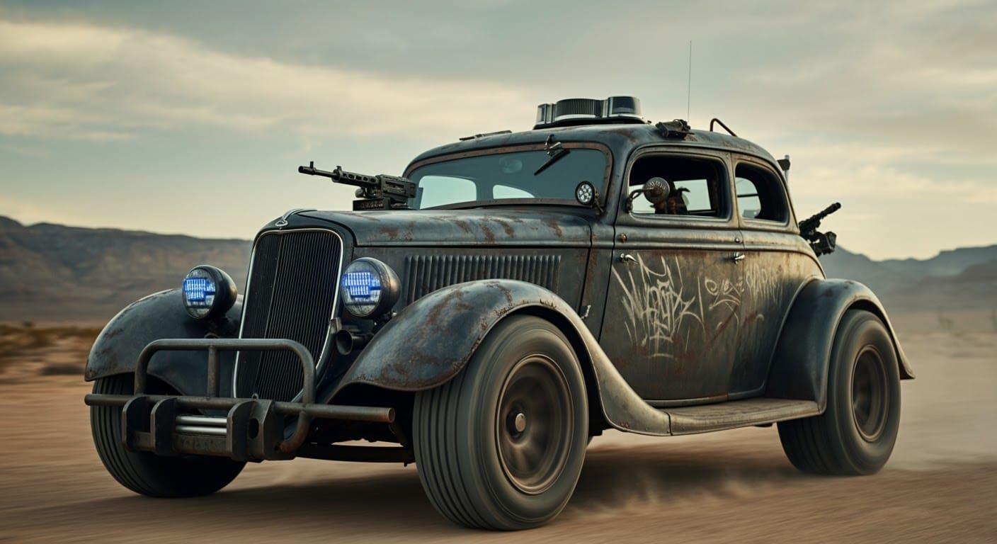 Cyberpunk 1934 Ford Sedan Armored Car in Desert