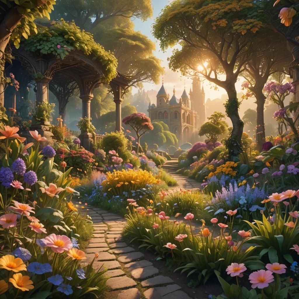 Stunning Garden with Iridescent Flowers in Matte Painting