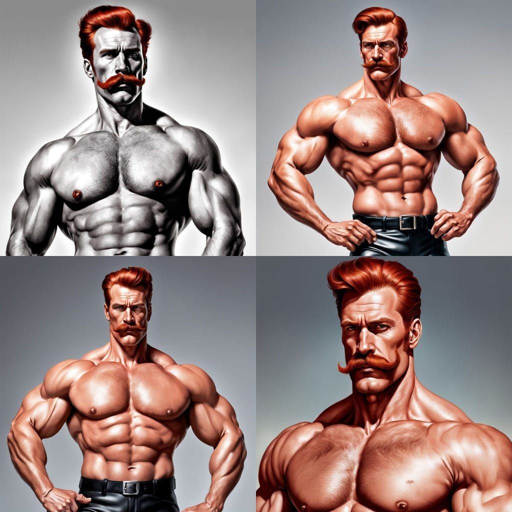 Red-Haired Hyperrealistic Muscular Male in Hypermasculine Po...