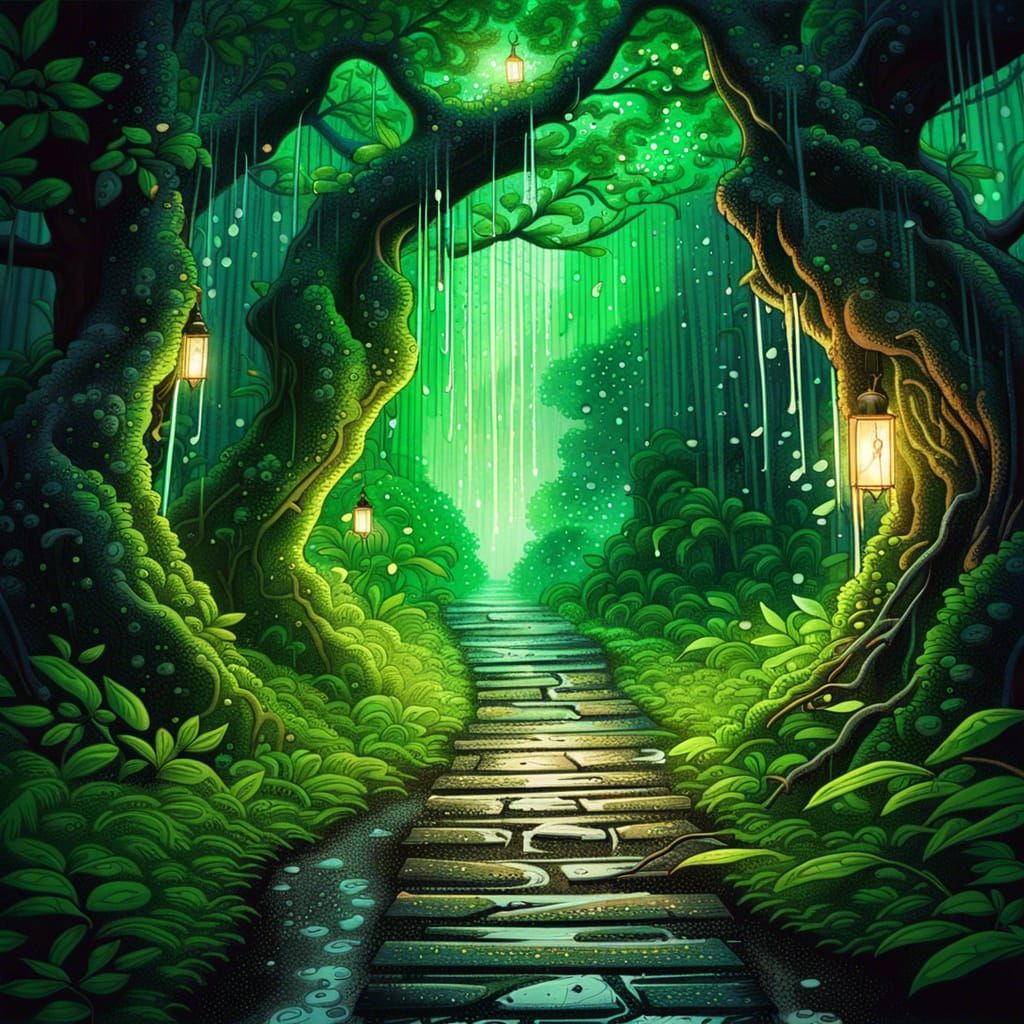 Rainy Forest Path in Japanese Graffiti Art Style