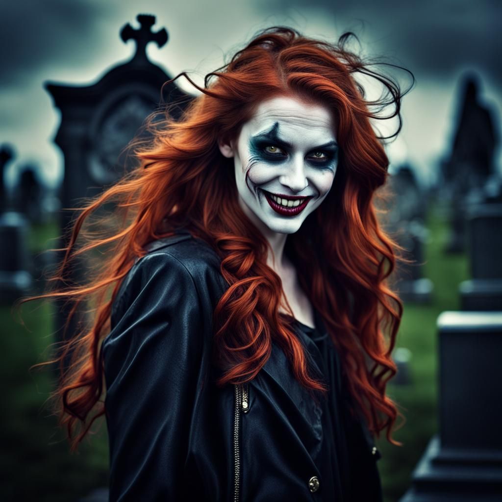 Redhead Joker Smile in Cemetery Fog: Hyperrealistic