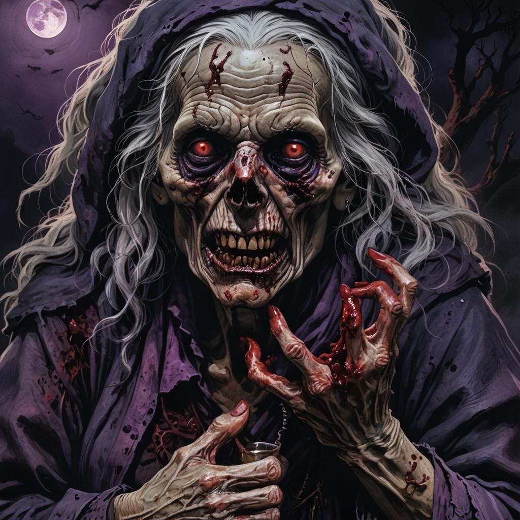 Eerie Hag Drinking Blood: Dark Fantasy Illustration