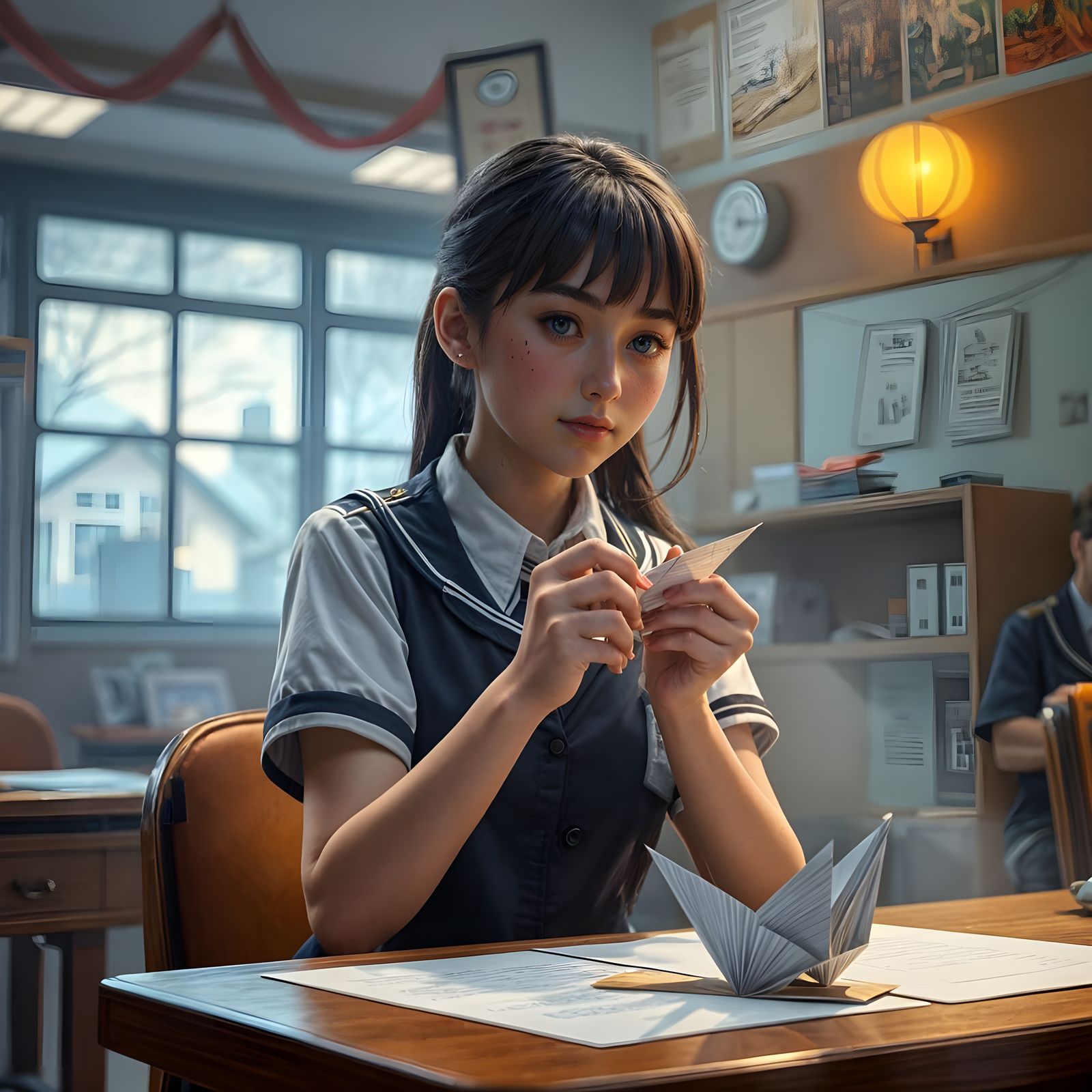 Girl in Uniform Folds a Majestic Paper Crane in a Fantastica...