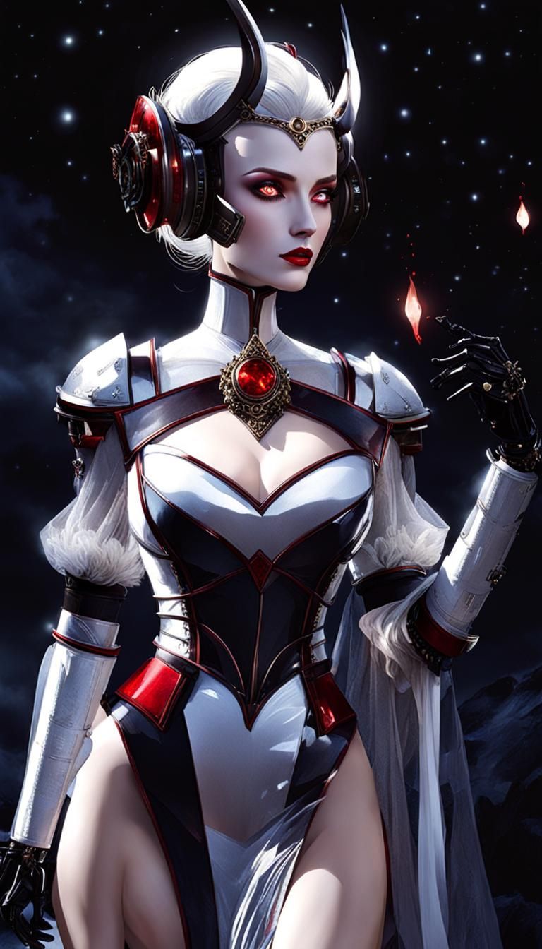 Fembot Vampire in Glass Dress Against Night Sky