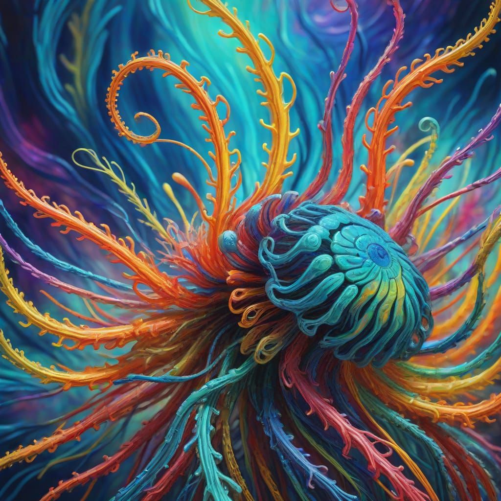 Surreal Crinoid with Iridescent Tendrils: Macro Oil Painting