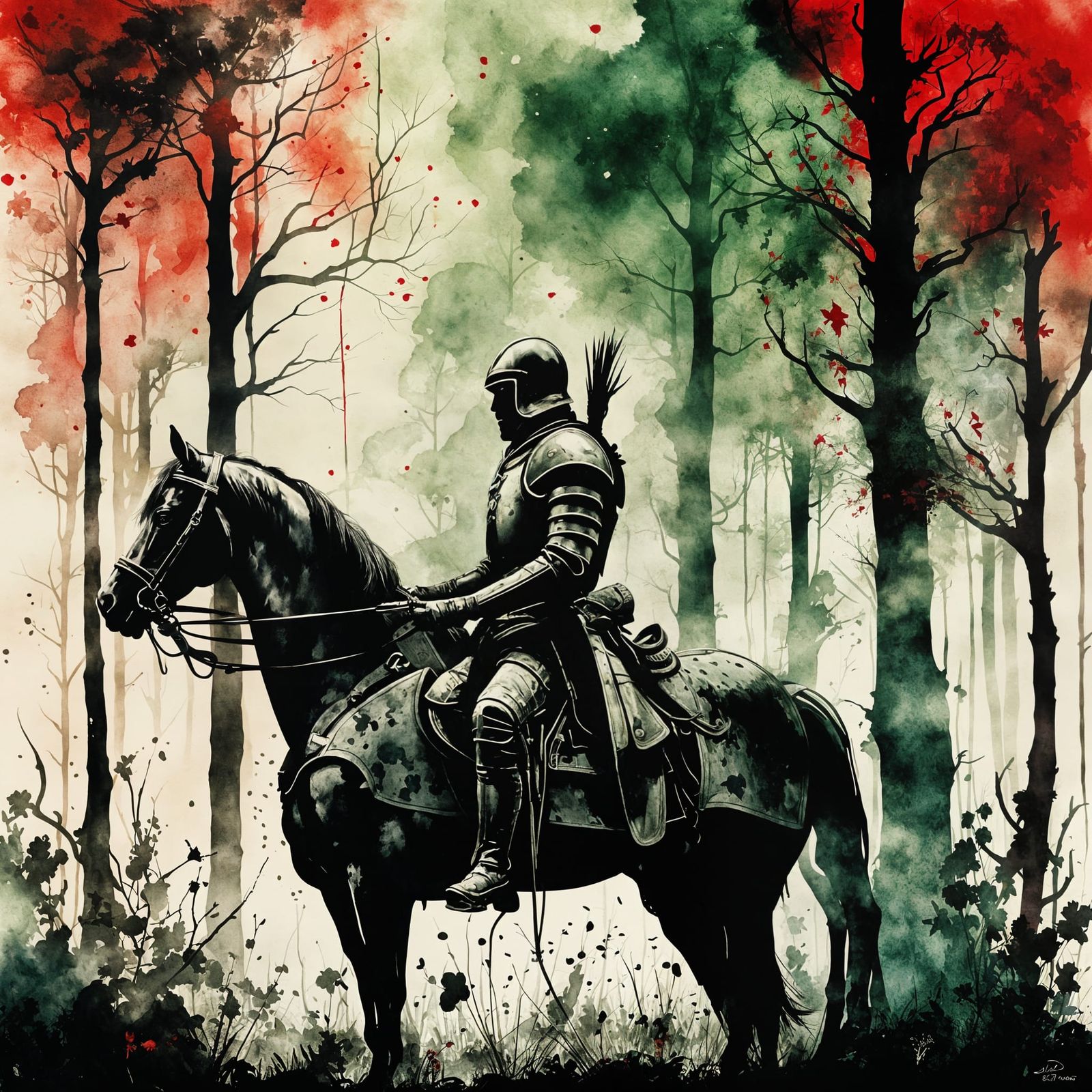 Wounded Knight in Magical Forest: Ink and Watercolor