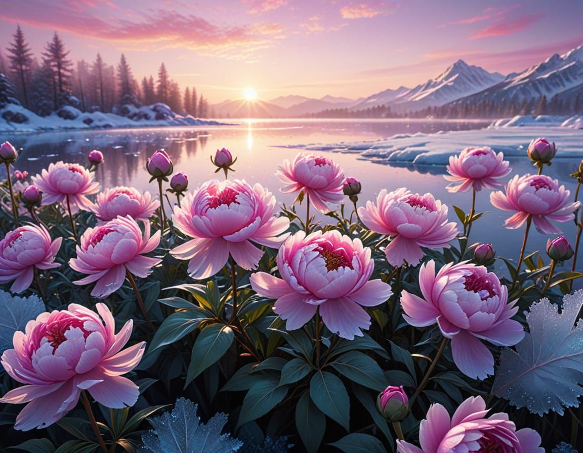 Crystal Peony Garden on Frozen Lake at Sunrise