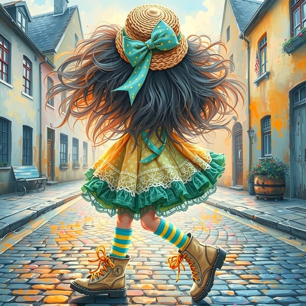 Little Girl Dancing on Cobbled Street, Watercolor Style