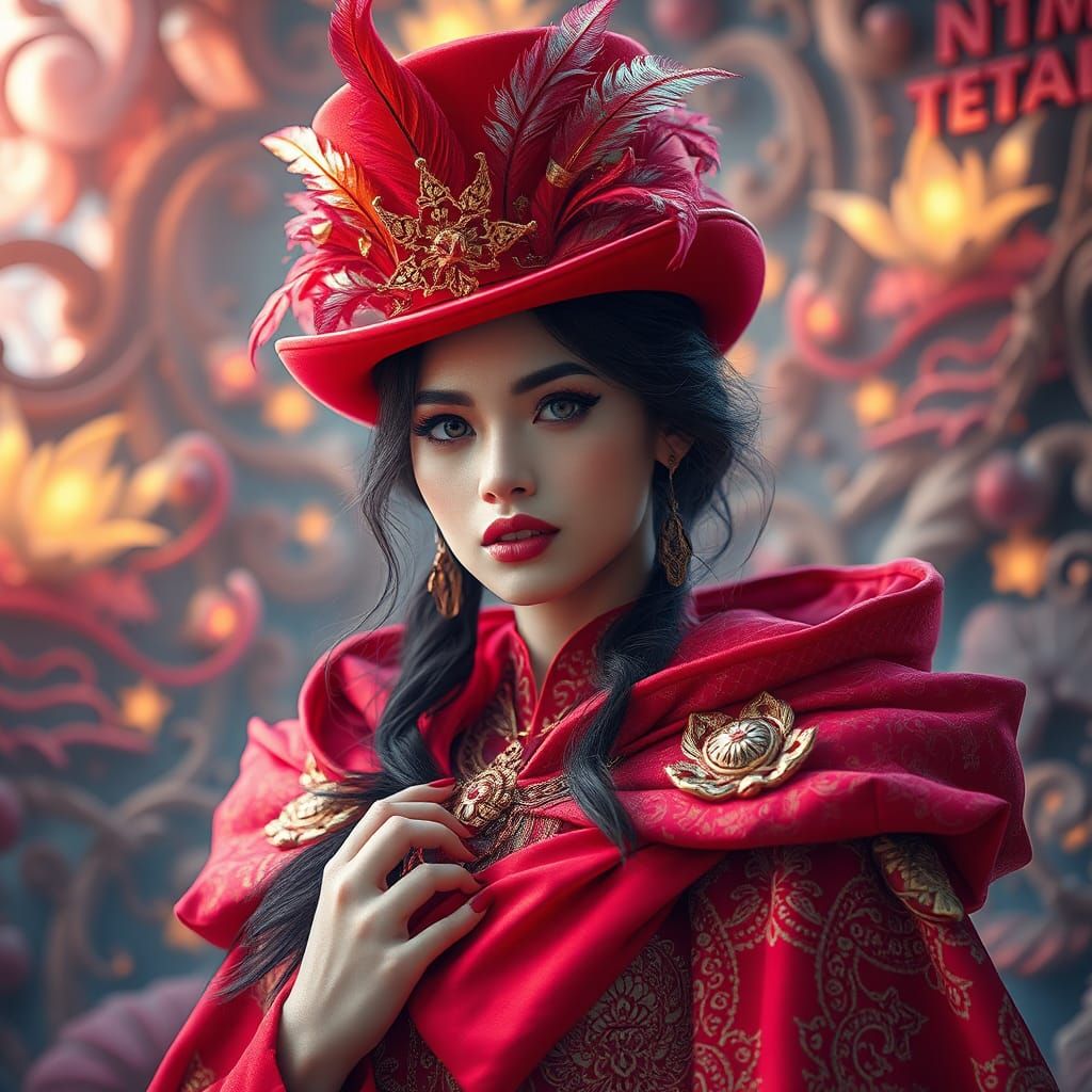 Surreal Portrait of a Woman in Elegant Red Attire