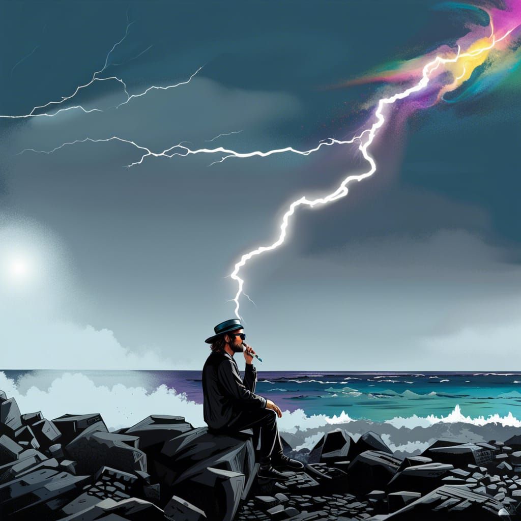 Man Smoking as Lightning Strikes, Graffiti Art