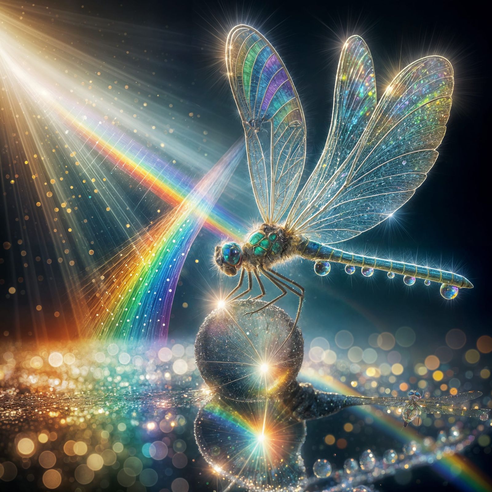 Iridescent Dragonfly over Glistening Pond in Magical Realism