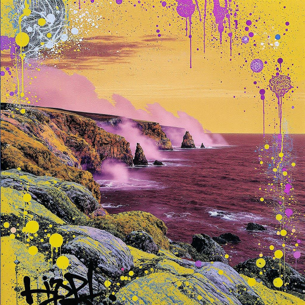 Yellow Coastal Graffiti Art with Purple Mist