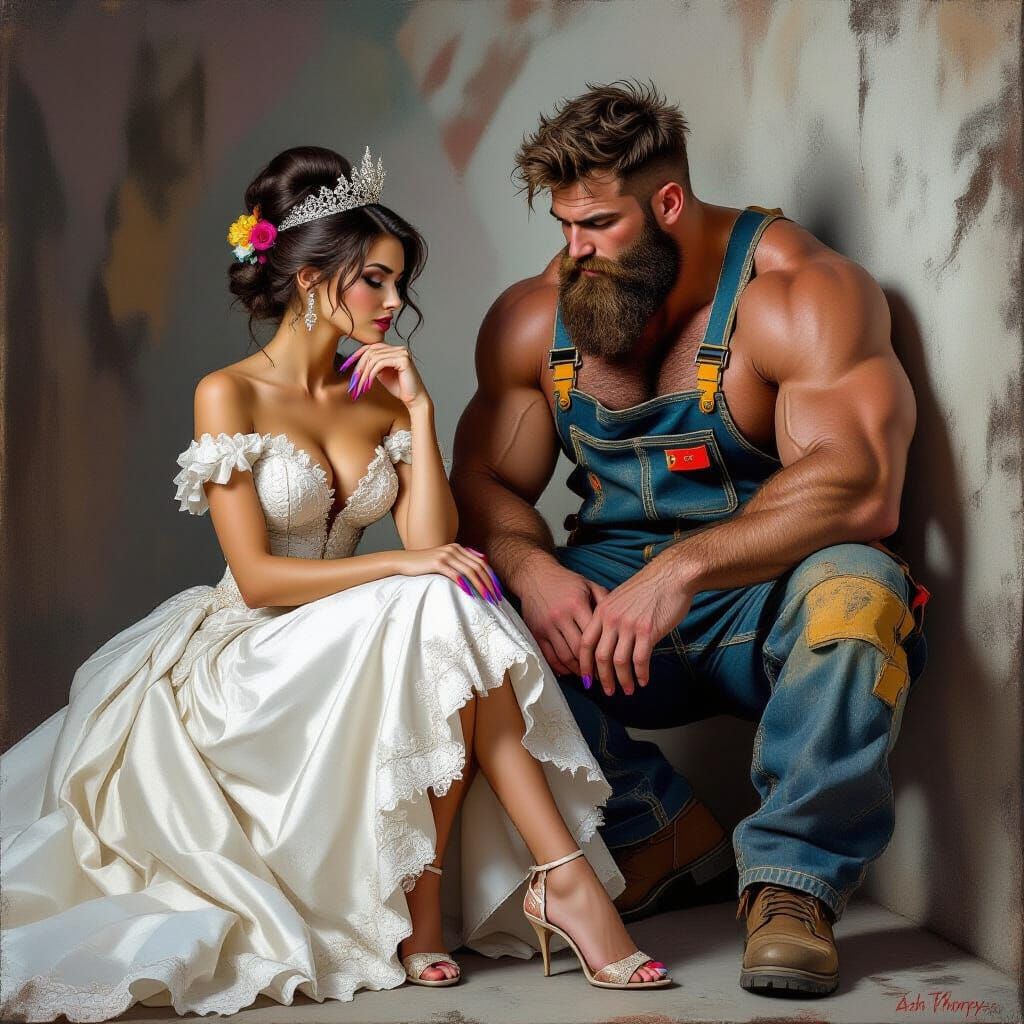 Romantic Image of Construction Worker and Elegant Lady