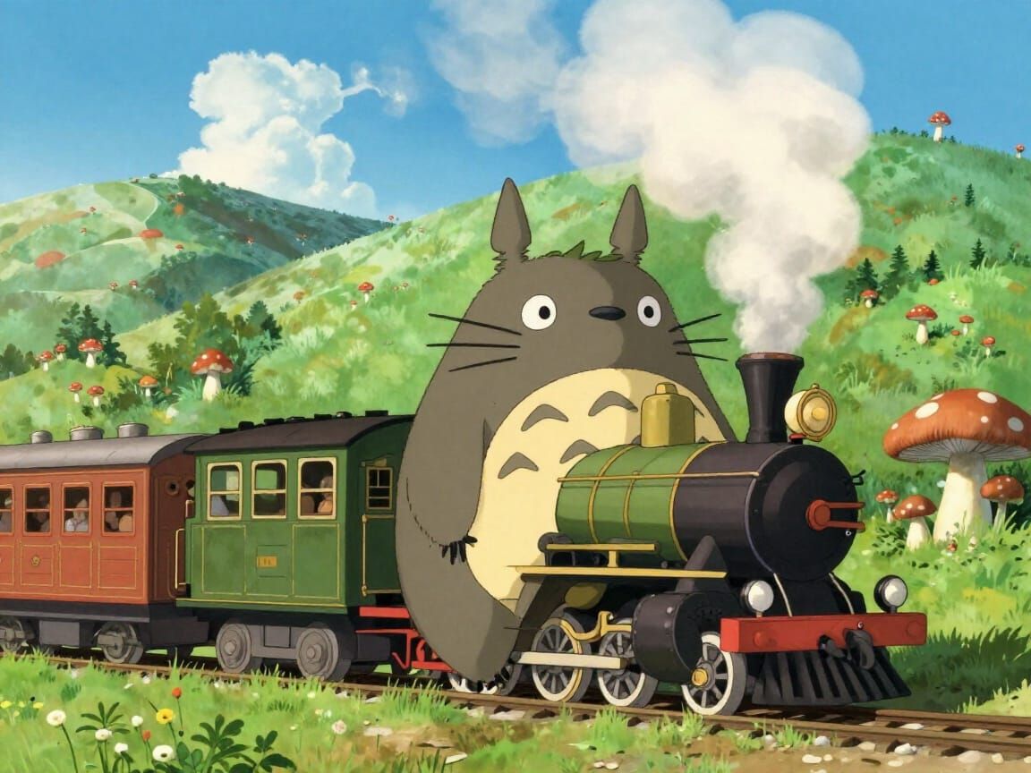 Totoro Peeks From Vintage Steam Train in Ghibli Style