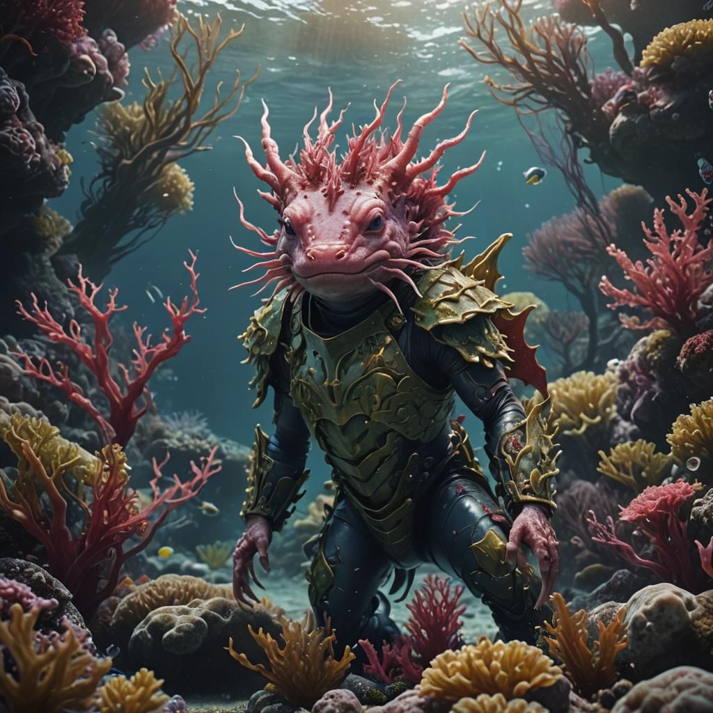 Axolotl Warrior in Seaweed Armor: Fantasy Art