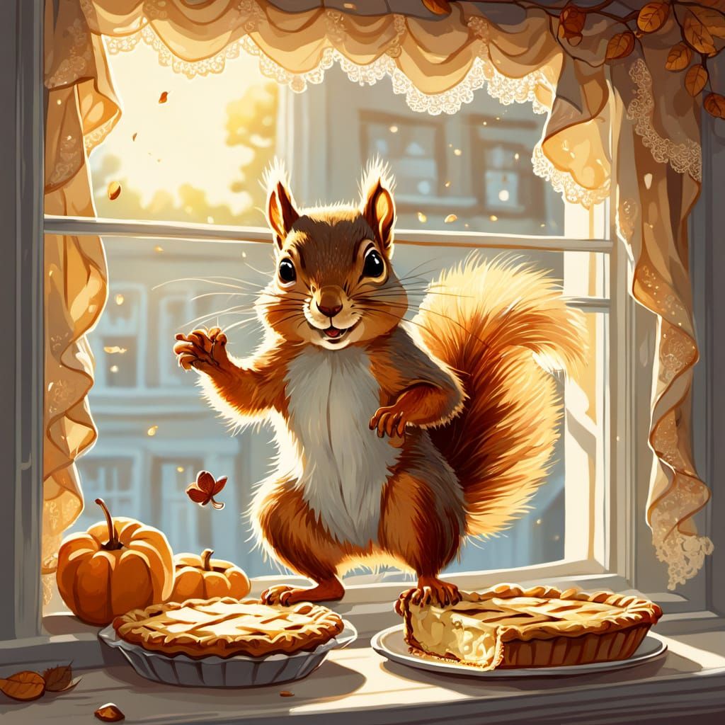 A naughty squirrel hanging upside down by his bushy tail from a window frame, reaching daringly with one paw toward a de...