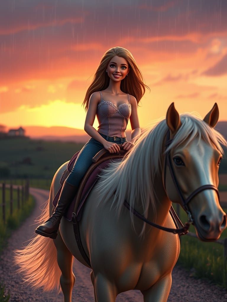 Barbie and Spirit Return Home Under a Vibrant Sunset
