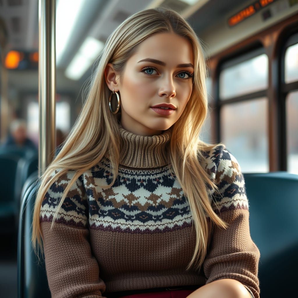 Young Woman in Earthy Sweater and Pencil Skirt, Close-Up